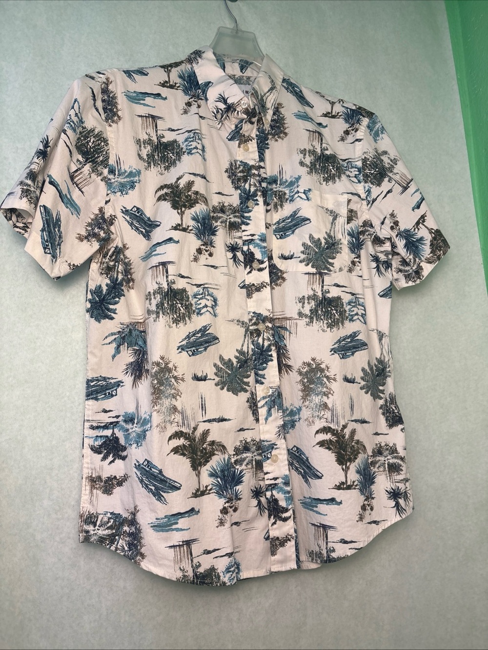 Saddlebred Men's Short-Sleeve Tropical Boat Print Shirt - Blue on White large